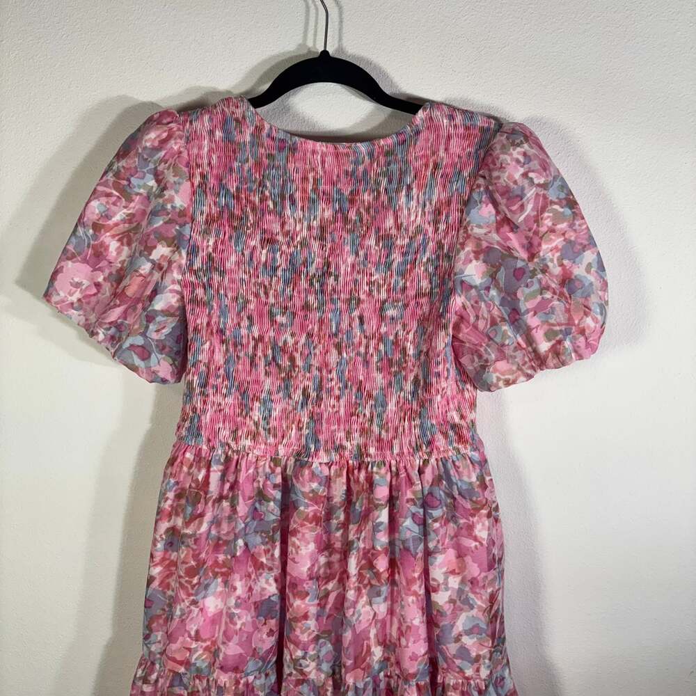 TCEC Womens L Pink Floral Smocked Midi Maxi Dress Puff Sleeve Cottagecore - Picture 3 of 7
